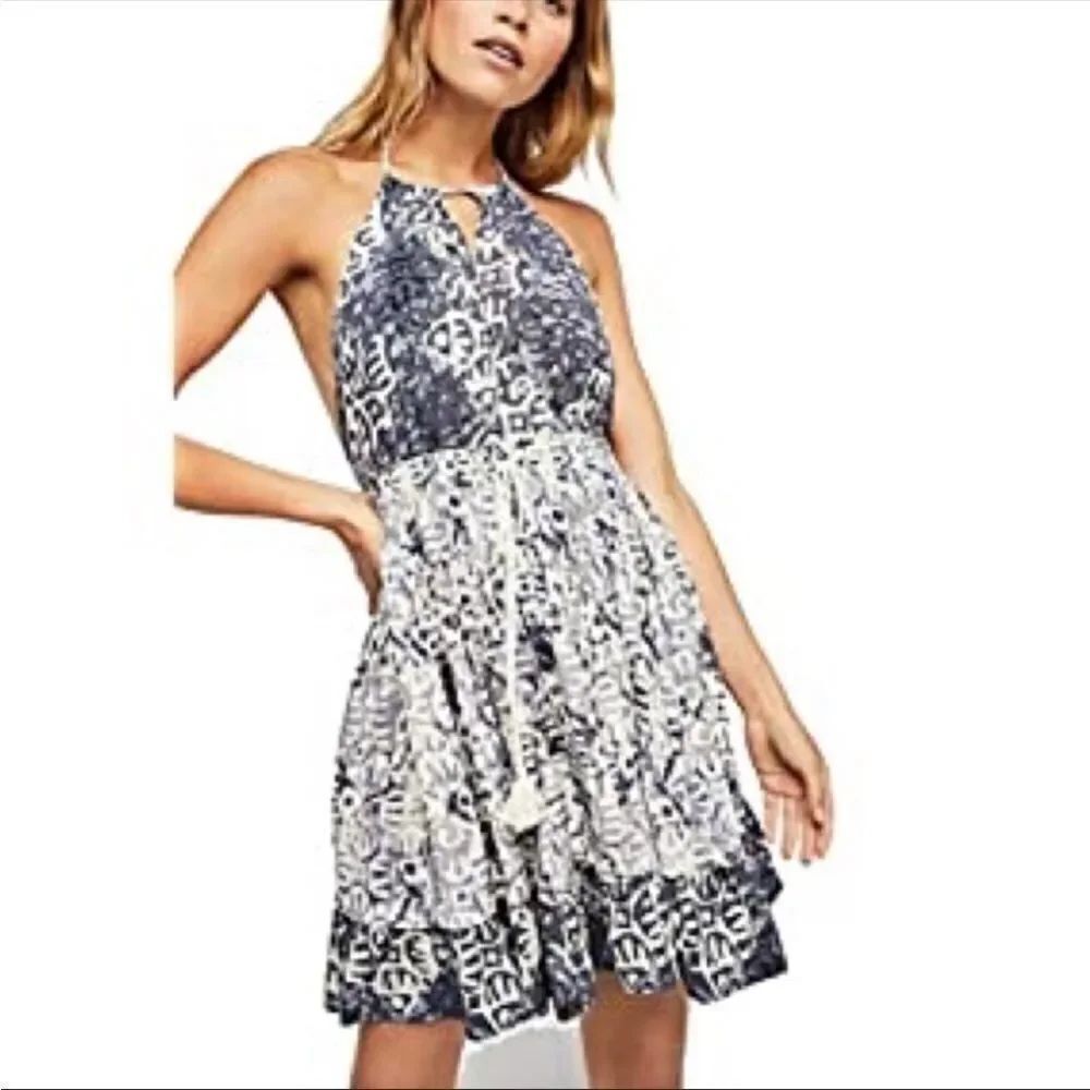 FREE PEOPLE | Beach Day Halter Mini Dress Keyhole Cutout Print Women’s Size S